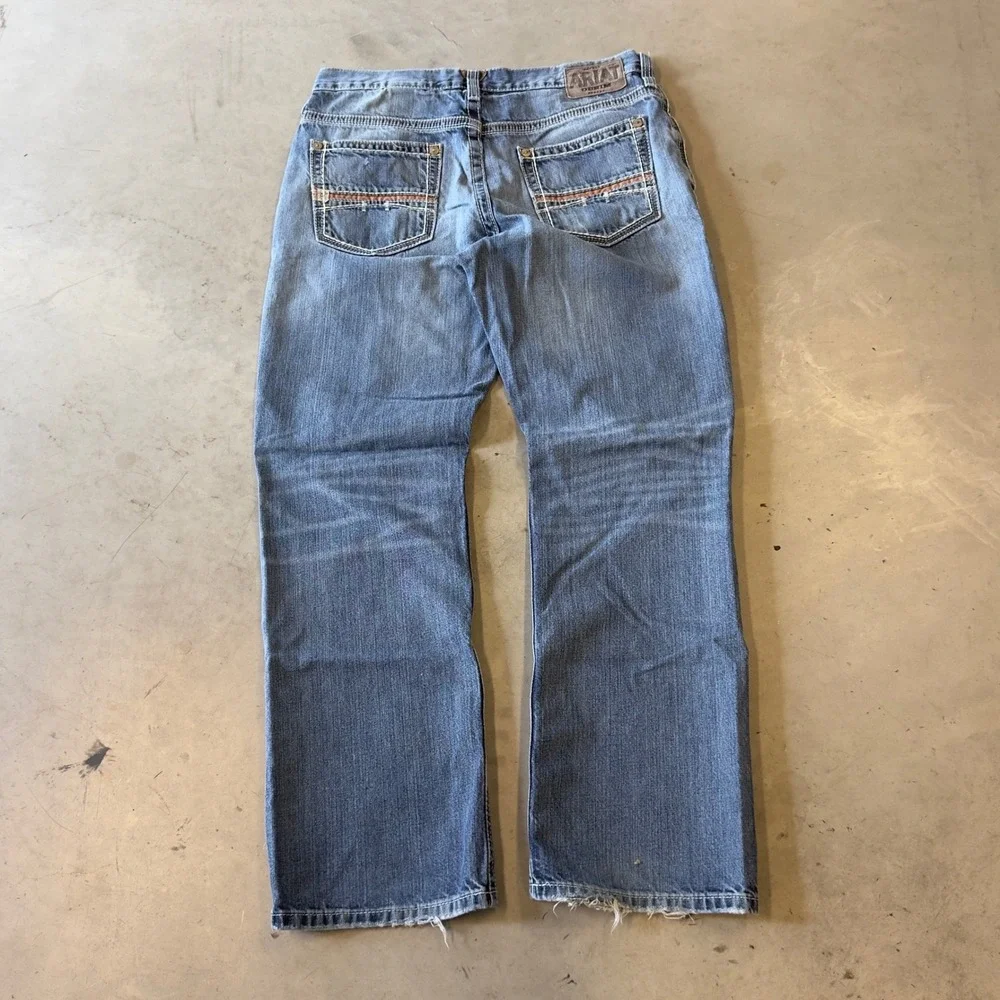Ariat M4 Low Rise Boot Cut Jeans Mens 34x32 Distressed Blue Denim Workwear